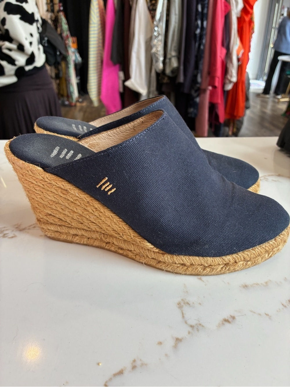 Navy Canvas Espadrille Wedge Mules - Women